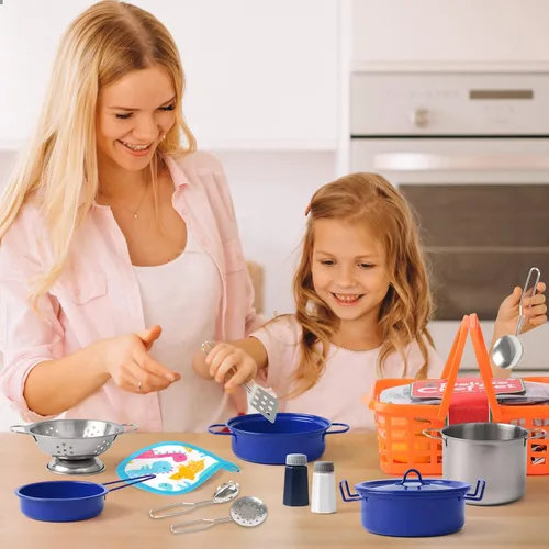 Miniatura 3 de Juego de accesorios de juguete de cocina para niños pequeños, juego de cocina para niñas y niños, incluye ollas y sartenes coloridas (azul)