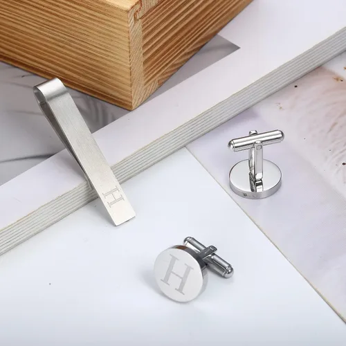 Miniatura 21 de LOYALLOOK - Gemelos de acero inoxidable grabados con inicial y clip de corbata, diseño de letras del alfabeto con caja de regalo, A-Z