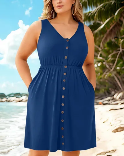 Miniatura 45 de Holipick Vestidos de verano para mujer, talla grande, casual, con bolsillos, acampanado, con botones, sin mangas, cuello en V