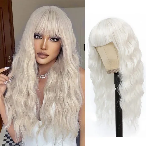 Miniatura 6 de SOKU Peluca blanca con flequillo de aire, pelucas cortas estilo Bob para mujer, 20 pulgadas de largo, cabello blanco ondulado, peluca de disfraz