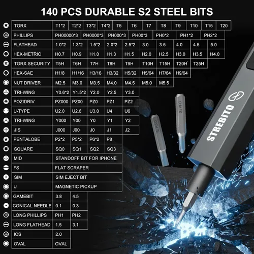 Miniatura 3 de STREBITO Juego de destornilladores eléctricos 155 en 1, destornillador eléctrico pequeño inalámbrico con 140 puntas magnéticas S2, kit de Gris