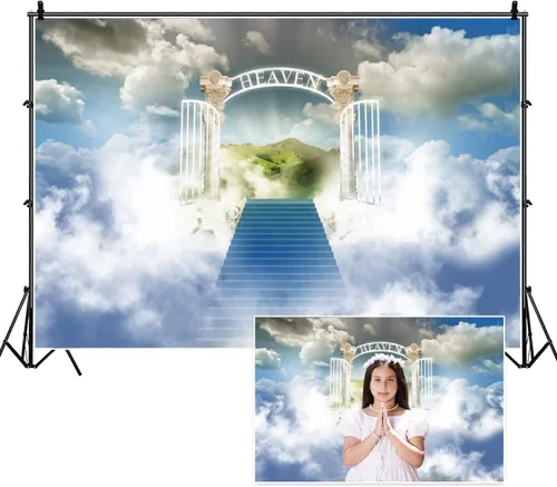 Miniatura 9 de Telón de fondo del cielo de 5x3 pies Puerta del cielo Puerta del paraíso Fondo fotográfico para niños, alfombra de baby shower, pancarta