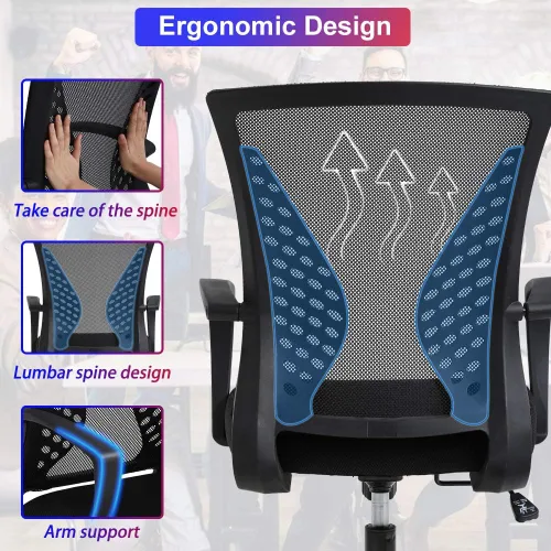 Miniatura 3 de Silla de oficina, silla de escritorio, silla de computadora, ergonómica de malla con respaldo medio con soporte lumbar y reposabrazos, silla Negro