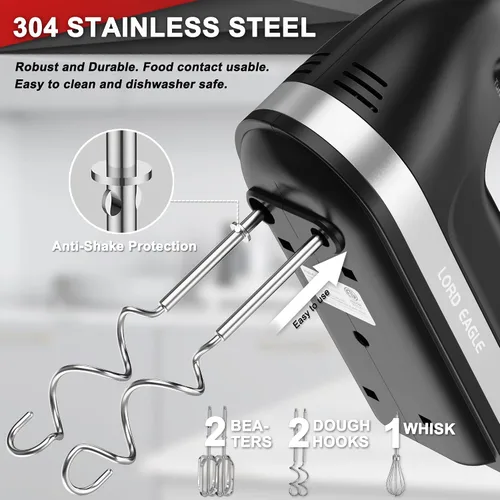 Miniatura 2 de Lord Eagle - Batidora de mano eléctrica de 400 W, batidora de mano de 5 velocidades, 5 accesorios de acero inoxidable para hornear pasteles, huevos