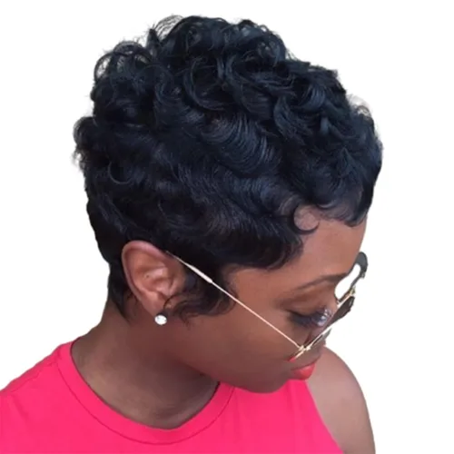 Pelucas cortas para mujeres negras, corte Pixie, pelucas cortas rizadas negras Pixie en capas, resistentes al calor, peluca de corte Pixie para