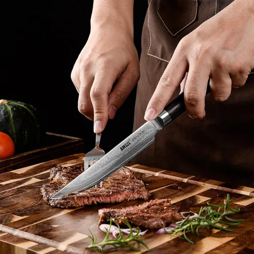Miniatura 5 de Juego de 6 cuchillos para carne, acero Damasco japonés sin dentar VG10 Acero japonés VG10 Damasco, borde recto no dentado, paquete de 6, 61HRC
