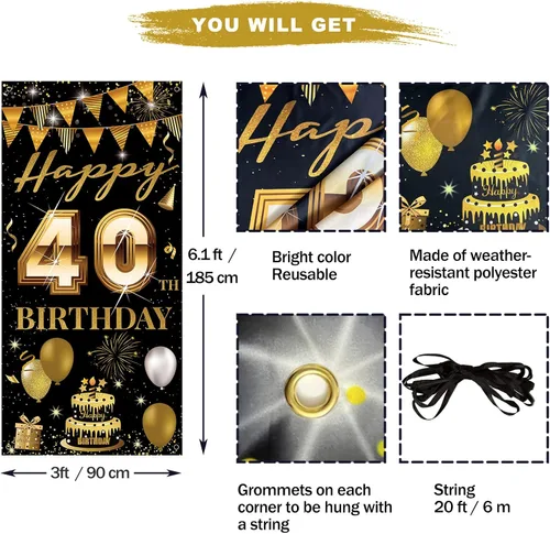 Miniatura 2 de Cartel para puerta de cumpleaños número 40, decoración de feliz cumpleaños 40 para mujeres y hombres, telón de fondo de cumpleaños de 40 años