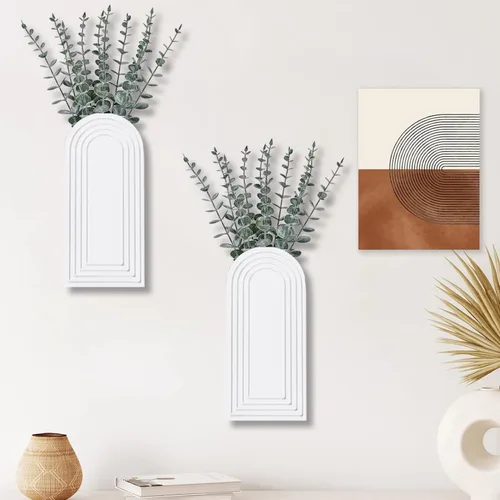 Miniatura 7 de Dnnnii Juego de 2 jarrones de pared de madera, acabado blanco, decoración de pared moderna de granja y bohemio para entrada, pasillo, baño, sala