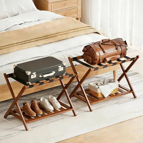 Miniatura 10 de BAMBOOHOMIE Portaequipajes completamente montado de 26.77 pulgadas de largo para habitación de invitados, juego de 2 soportes plegables para maletas