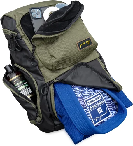 Miniatura 9 de Mochila dorada BJJ para Jiu Jitsu – Bolsa de deporte muy resistente con bolsillo impermeable de tejido de GI Gris
