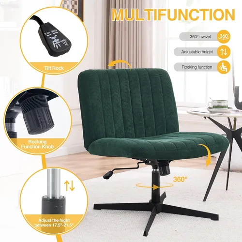 Miniatura 3 de Silla de escritorio sin reposabrazos, sin ruedas, silla de oficina tapizada de terciopelo ancho, patas cruzadas, asiento grande, altura ajustable