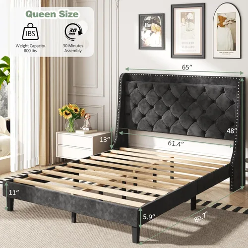 Miniatura 2 de SUNLEI Base de cama Queen con cabecera de almacenamiento, base de cama tapizada de terciopelo con cabecera copetuda con respaldo de alas, soporte