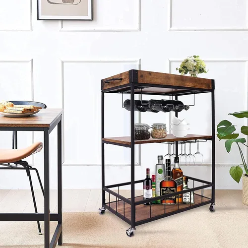 Miniatura 8 de aboxoo Carrito de bar de vino de 3 niveles grande para el hogar, estante de vino rodante con ruedas, carrito de servicio de cocina móvil