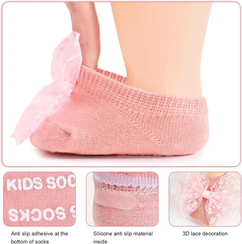 Miniatura 7 de SAOROPEB 4 pares de calcetines para bebés niñas, agarre antideslizante para bebés y niños pequeños, calcetines de tobillo para niñas