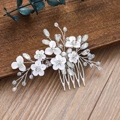 Unicra Peine de pelo de novia plateada con flores para novia, accesorios para el cabello con diamantes de imitación brillantes, joyería para mujeres