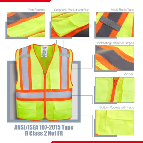 Miniatura 2 de KAYGO Chaleco de seguridad con bolsillos - Chaleco reflectante de alta visibilidad ANSI Clase 2 Chaleco de construcción Amarillo