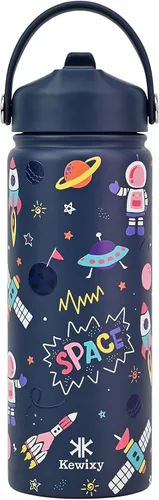 Miniatura 10 de KEWIXY Botella de agua aislada de 18 onzas con pajilla, tapa 2 en 1, popote y boquilla, a prueba de fugas, soporte para vasos, acero inoxidable