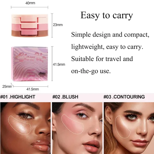 Miniatura 6 de Trío mezclable 3 en 1, paleta de maquillaje de contorno y rubor, bronceador crema, rubor en polvo suave y sedoso, polvo de maquillaje iluminador 01