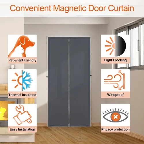 Miniatura 6 de Cortina magnética para puerta con aislamiento térmico, tela en capas más gruesas e imanes de tira completa, cortinas temporales de puerta, puerta