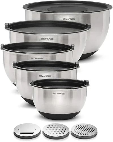 Tazones para mezclar con tapas herméticas, juego de 8 cuencos de mezcla anidables de acero inoxidable con 3 accesorios para rallar y parte inferior