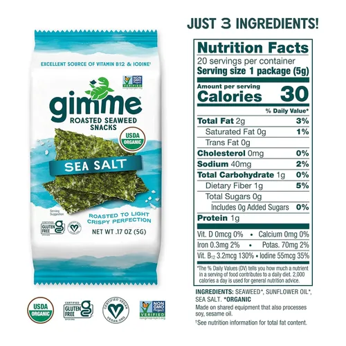 Miniatura 2 de Gimme Algas Marinas Orgánicas Premium Tostadas, Sal Marina, 20 Unidades, Keto, Vegano, Sin Gluten, Gran Fuente de Omega3 y Yodo, Aperitivo Saludable