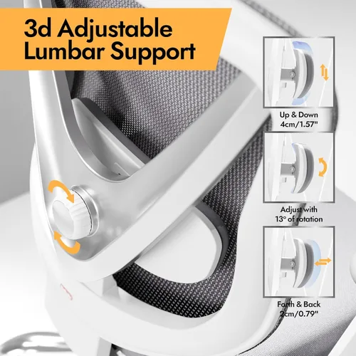 Miniatura 3 de HOLLUDLE Silla ergonómica de malla para oficina - Soporte lumbar ajustable 3D y reposabrazos 3D, respaldo en forma de V, silla de escritorio Blanco
