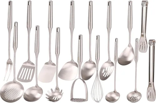 Juego de utensilios de cocina de acero inoxidable 18/10, 16 cucharas de cocina pequeñas y grandes de metal, utensilios para servir, batidor, 16