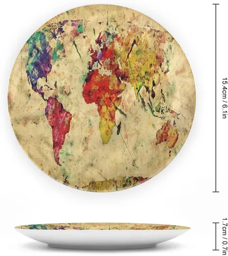 Miniatura 2 de Plato decorativo de 6 pulgadas, placa retro de vajilla con mapa del mundo en grunge, placa de exhibición decorativa para mesa de comedor, decoración