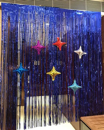 Miniatura 6 de Cortina de flecos de aluminio azul, 3 piezas de 3.3 x 6.6 pies, cortinas de fondo de cabina de fotos y accesorios de cabina de fotos, decoraciones