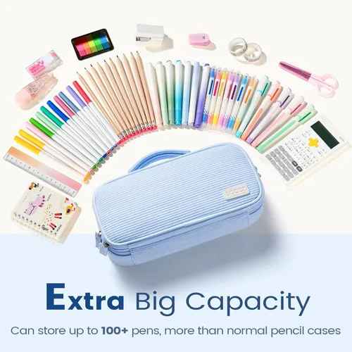Miniatura 3 de Sooez Estuche grande para lápices, estuche de pana suave con asa, bonito estuche para bolígrafos, 5 compartimentos, organizador de amplia apertura