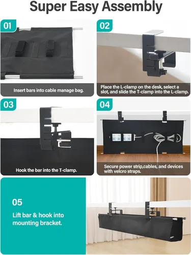 Miniatura 6 de Bandeja de organización de cables para debajo del escritorio de 49.2 pulgadas, organización de cables Orapoke para debajo del escritorio, sin