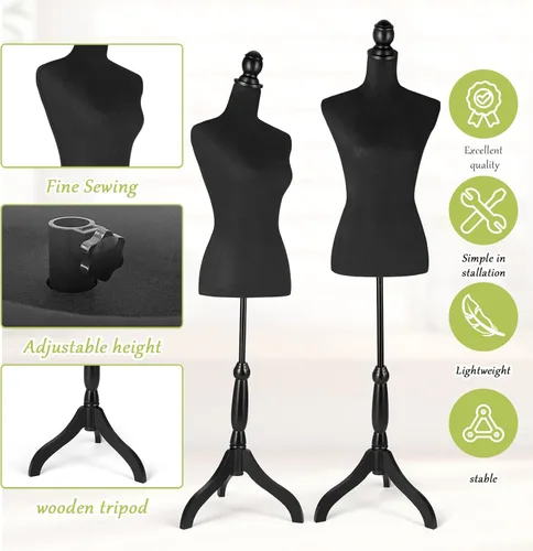 Miniatura 2 de Forma de vestido de torso de maniquí de tela femenina con soporte de base de trípode de madera, cuerpo de maniquí ajustable de 52 a 67 pulgadas