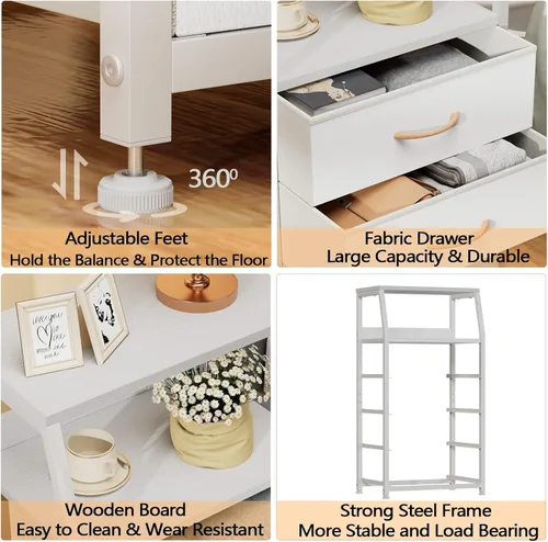 Miniatura 4 de Furnulem Cómoda blanca con cajones, cómoda vertical de tela para dormitorio, pasillo, entrada, guardería, organizador de armario, mesita de noche