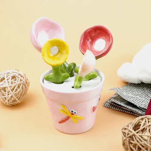 Miniatura 7 de DOERDO - Cucharas medidoras de cerámica con soporte, cucharas de medición de flores para azúcar salada, juego de cucharas en forma de maceta, Rosado