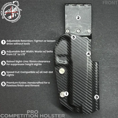 Miniatura 7 de Black Scorpion Outdoor Gear Pro Competition Holster OWB Kydex se adapta a Smith y Wesson MP9, MP40 M2.0 5'' 3GUN, IPSC, USPSA, ajustable en todos