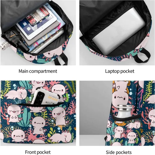 Miniatura 6 de MISOLAXI Axolotl - Mochila casual, mochila universitaria para laptop, mochilas para niños, niñas, niños y adultos, con correas acolchadas ajustables