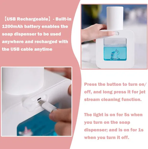Miniatura 6 de Dispensador de jabón automático lindo - Dispensador de jabón de manos sin contacto rosa para niños, impermeable de montaje en pared USB recargable