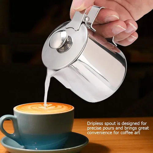 Miniatura 2 de Jarra de espuma de leche con tapa, vaporizador de leche, espumador de café para café, capuchino, latte, arte de acero inoxidable (20.3 fl oz)