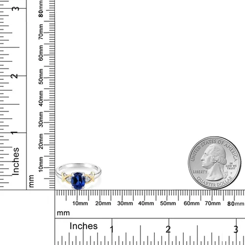 Miniatura 3 de Gem Stone King Anillo de oro amarillo de 10 quilates de 2 tonos y plata de ley 925 con zafiro creado en azul y diamantes cultivados en laboratorio