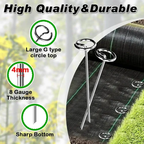Miniatura 5 de FEED GARDEN Paquete de 60 grapas de paisaje galvanizadas de calibre 8 de 6 pulgadas, estacas de jardín SOD para cubierta de plantas, tienda, tela