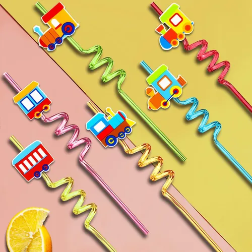 Miniatura 5 de Paquete de 24 pajitas con forma de tren – Pajitas de plástico reutilizables con decoración de dibujos animados – Suministros para fiestas de niños