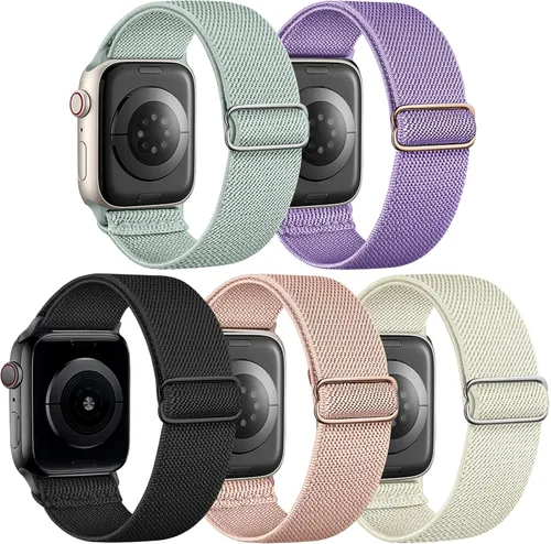 Miniatura 25 de 5 Pack de bandas elásticas de nylon compatibles con Apple Watch de 40 mm, 41 mm, 42 mm, 44 mm, 45 mm, 46 mm, 49 mm, 38 mm para mujeres y hombres