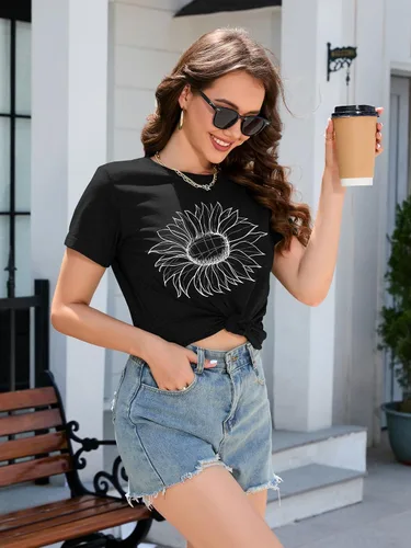 Miniatura 4 de DEARCASE Camiseta de otoño para mujer, diseño de girasol, holgada, cuello redondo, manga corta, informal, para mujer