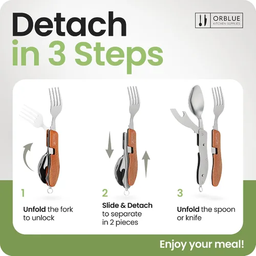 Miniatura 3 de Orblue Utensilios de comida 4 en 1, paquete de 2 – Cuchara portátil, tenedor, cuchillo y abridor de botellas – Cubiertos de acero inoxidable