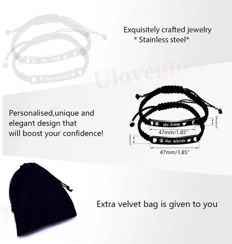 Miniatura 7 de Uloveido 1 par de pulseras trenzadas hechas a mano con grabado para parejas, parejas para él y ella, pulseras para hombres, mujeres, novio y novia