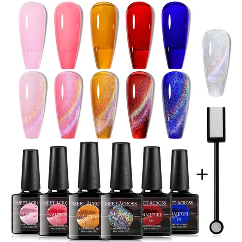 Miniatura 7 de MEET ACROSS Colorful Clouds - Juego de esmaltes de uñas de gel de ojo de gato, kit de manicura con luz LED UV, 6 colores con barra magnética