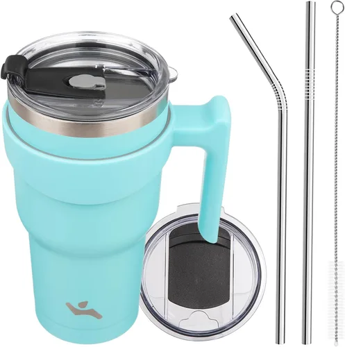 Miniatura 75 de Konokyo - Vaso de 10 onzas con asa y 2 popotes, 2 tapas, botella de agua aislada de acero inoxidable, taza de viaje reutilizable, color verde militar