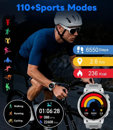 Miniatura 7 de Reloj inteligente militar para hombre, responder/hacer llamadas, reloj inteligente resistente HD de 1.85 pulgadas con batería de 1000 mAh, linterna