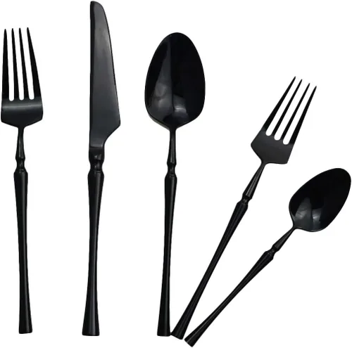 Miniatura 7 de Juego de cubiertos negros de 5 piezas de acero inoxidable 18/10 para 1, acabado espejo, ideal para bodas, festivales, fiestas, cocina en casa, apto