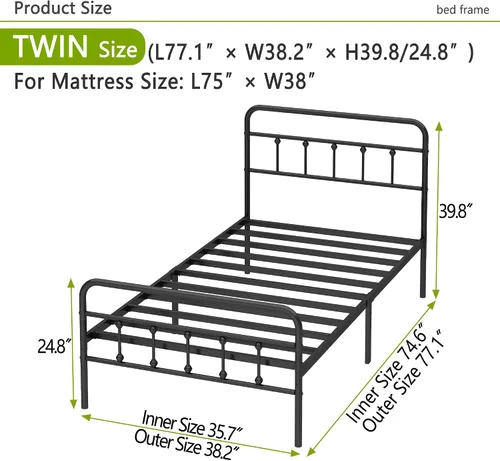 Miniatura 3 de Kujielan Marco de cama de metal: marco de cama individual estructuralmente estable con listones de acero resistente, no necesita somier para una